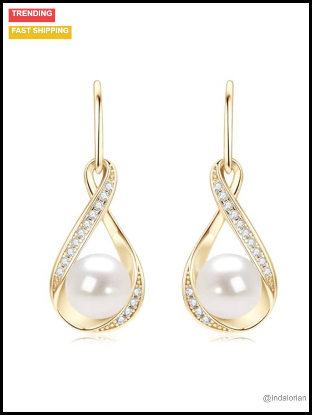14K Gold Plated 8mm Freshwater Pearl Drop Earrings with Moissanite Accents